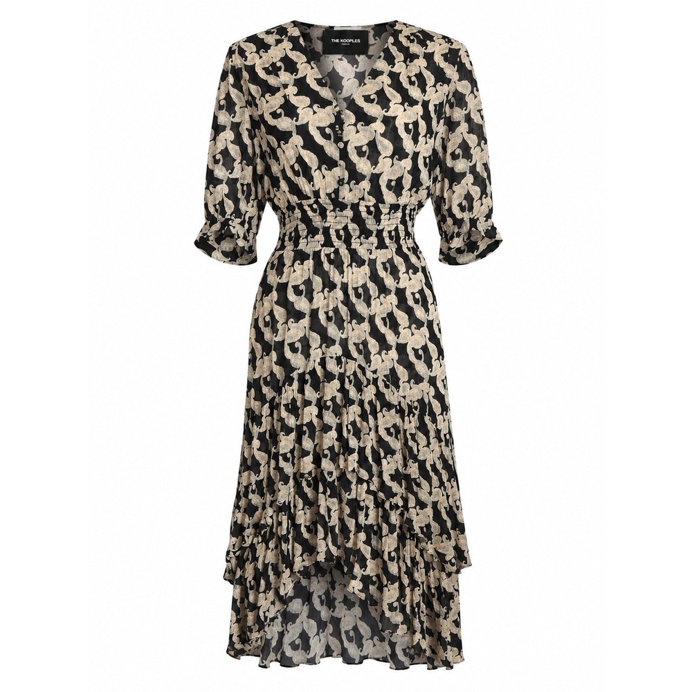 The Kooples Black Paisley Smocked Asymmetric Midi Dress Sz 1 Parisian Chic